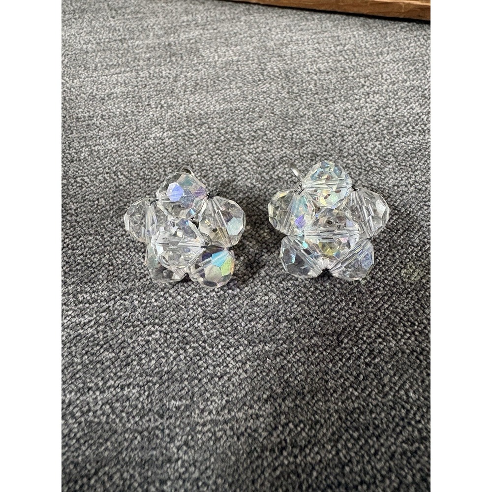 Vintage 1950's LAGUNA Sparkly AB Crystal Flower Cluster Clip On Earrings 1"